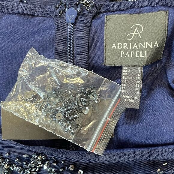 NWT Adrianna Papell | Hand Beaded Blouson Long Gown Flutter Sleeves Navy Blue 2 - Picture 7 of 8